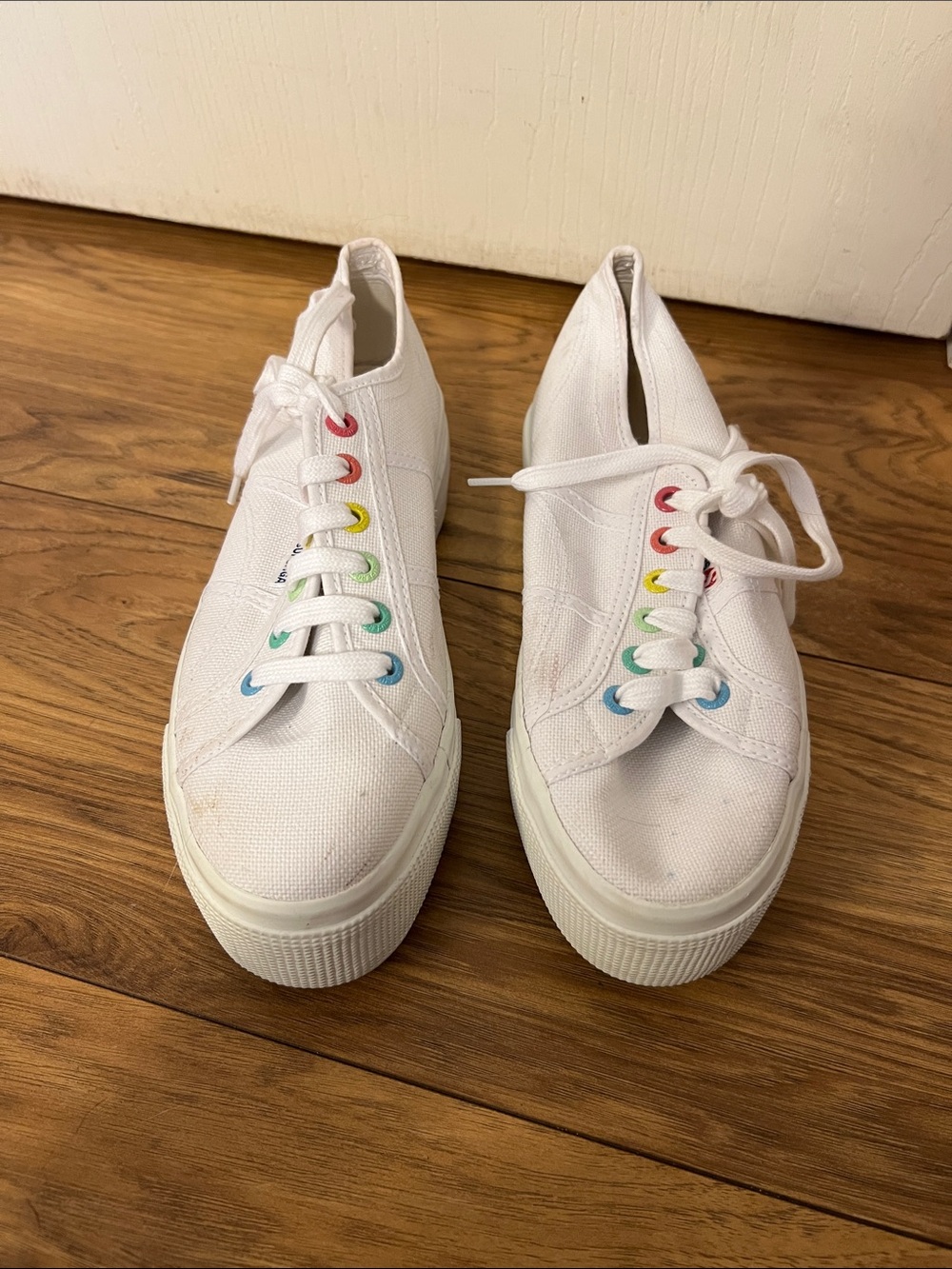 White Canvas Kids' Sneakers with Rainbow Eyelets